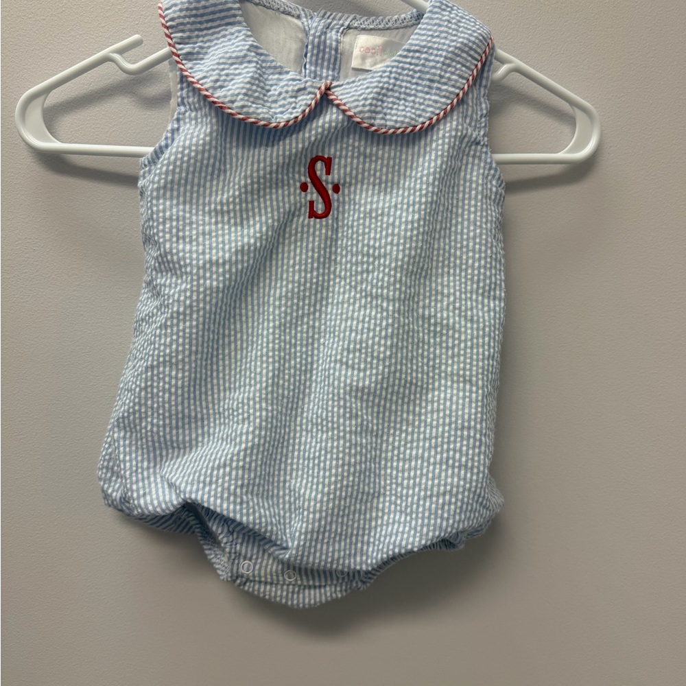 Cecil and Lou Blue Seersucker Monogram bubble